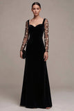 Black Velvet A Line Formal Dress with Floral Long Sleeves