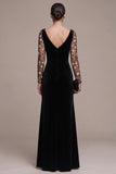 Black Velvet A Line Formal Dress with Floral Long Sleeves