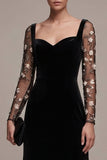 Black Velvet A Line Formal Dress with Floral Long Sleeves