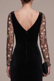 Black Velvet A Line Formal Dress with Floral Long Sleeves