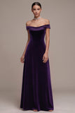 Off the Shoulder Plum A Line Velvet Formal Dress with Lace-up Back