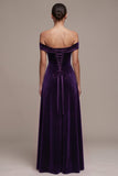 Off the Shoulder Plum A Line Velvet Formal Dress with Lace-up Back
