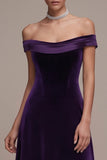 Off the Shoulder Plum A Line Velvet Formal Dress with Lace-up Back