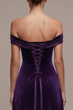 Off the Shoulder Plum A Line Velvet Formal Dress with Lace-up Back