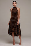 Coffee Halter A Line Beaded Grid Velvet Midi Dress