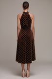 Coffee Halter A Line Beaded Grid Velvet Midi Dress