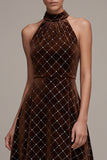 Coffee Halter A Line Beaded Grid Velvet Midi Dress