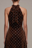 Coffee Halter A Line Beaded Grid Velvet Midi Dress