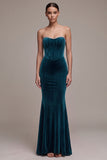 Peacock Blue Velvet Corset Mermaid Strapless Long Formal Dress