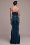 Peacock Blue Velvet Corset Mermaid Strapless Long Formal Dress