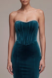 Peacock Blue Velvet Corset Mermaid Strapless Long Formal Dress
