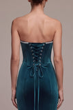 Peacock Blue Velvet Corset Mermaid Strapless Long Formal Dress