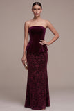 Strapless Burgundy Velvet Peplum Mermaid Formal Dress