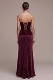 Strapless Burgundy Velvet Peplum Mermaid Formal Dress