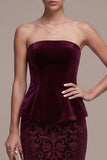 Strapless Burgundy Velvet Peplum Mermaid Formal Dress