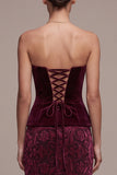 Strapless Burgundy Velvet Peplum Mermaid Formal Dress