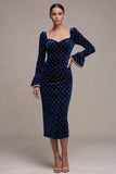 Royal Blue Pearl Diamond Grid Sheath Velvet Midi Dress with Flare Sleeves