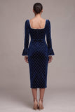 Royal Blue Pearl Diamond Grid Sheath Velvet Midi Dress with Flare Sleeves