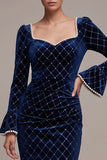 Royal Blue Pearl Diamond Grid Sheath Velvet Midi Dress with Flare Sleeves