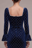 Royal Blue Pearl Diamond Grid Sheath Velvet Midi Dress with Flare Sleeves