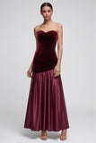 Burgundy Strapless Satin Velvet Holiday Dress with Lace-up Back