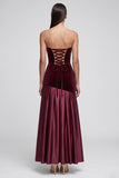 Burgundy Strapless Satin Velvet Holiday Dress with Lace-up Back