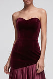 Burgundy Strapless Satin Velvet Holiday Dress with Lace-up Back