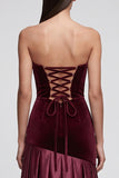 Burgundy Strapless Satin Velvet Holiday Dress with Lace-up Back