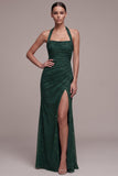 Sparkly Dark Green Halter Sheath Ruched Beaded Formal Dress with Slit
