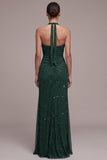Sparkly Dark Green Halter Sheath Ruched Beaded Formal Dress with Slit