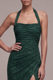 Sparkly Dark Green Halter Sheath Ruched Beaded Formal Dress with Slit
