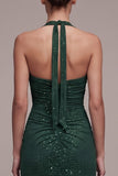 Sparkly Dark Green Halter Sheath Ruched Beaded Formal Dress with Slit