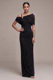 Black Asymmetrical Neck Ruched Sheath Long Formal Dress