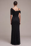 Black Asymmetrical Neck Ruched Sheath Long Formal Dress