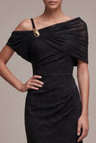 Black Asymmetrical Neck Ruched Sheath Long Formal Dress