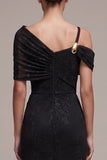 Black Asymmetrical Neck Ruched Sheath Long Formal Dress
