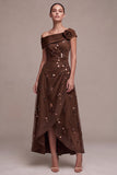 Coffee A Line Asymmetrical Neck Ruched Sequin Formal Dress with 3D Flower
