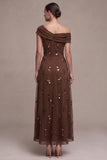 Coffee A Line Asymmetrical Neck Ruched Sequin Formal Dress with 3D Flower