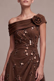 Coffee A Line Asymmetrical Neck Ruched Sequin Formal Dress with 3D Flower