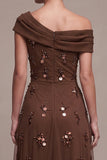 Coffee A Line Asymmetrical Neck Ruched Sequin Formal Dress with 3D Flower