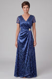Royal Blue Satin Ruched V Neck Sequin Mother of the Bride Dress with Short Sleeves