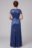 Royal Blue Satin Ruched V Neck Sequin Mother of the Bride Dress with Short Sleeves