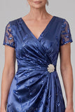 Royal Blue Satin Ruched V Neck Sequin Mother of the Bride Dress with Short Sleeves