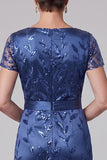Royal Blue Satin Ruched V Neck Sequin Mother of the Bride Dress with Short Sleeves