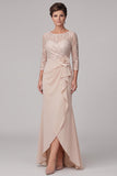 Champagne Lace Illusion Neck Chiffon Mother of the Bride Dress with 3/4 Sleeves