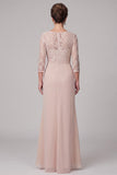 Champagne Lace Illusion Neck Chiffon Mother of the Bride Dress with 3/4 Sleeves