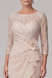 Champagne Lace Illusion Neck Chiffon Mother of the Bride Dress with 3/4 Sleeves