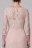 Champagne Lace Illusion Neck Chiffon Mother of the Bride Dress with 3/4 Sleeves