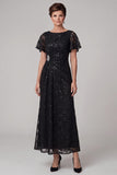 Black Sequin Lace Ruched A Line Mother of the Bride Dress with Short Sleeves