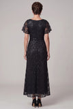 Black Sequin Lace Ruched A Line Mother of the Bride Dress with Short Sleeves